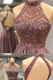 Charming Beaded A-line Halter Neckline Open Back Homecoming Dresses, SH454