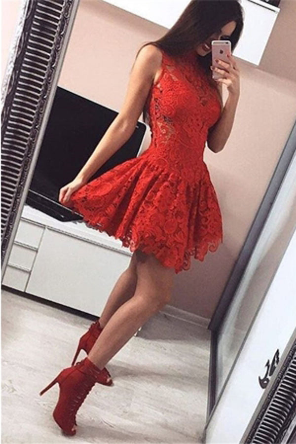 Elegant Red Lace A-line High Neck Open Back Homecoming Dresses | Short Prom Dress, SH455