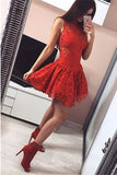 Elegant Red Lace A-line High Neck Open Back Homecoming Dresses | Short Prom Dress, SH455