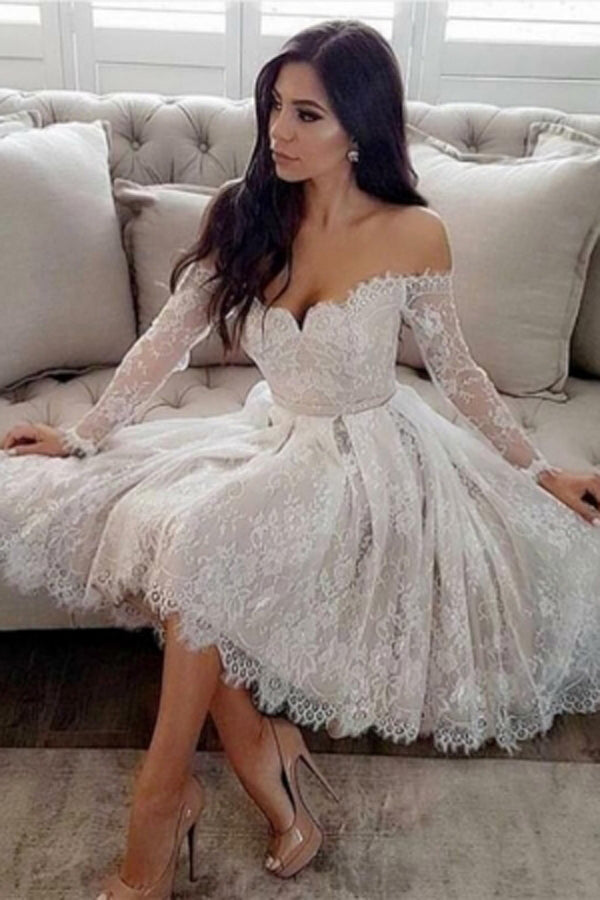 Lace Off-the-Shoulder Long Sleeve Homecoming Dress, Short Prom Dresses, SH458