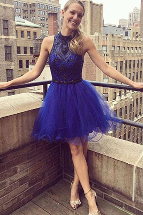 www.simidress.com | Glamorous Royal Blue A-line Beaded High-neck Homecoming Dresses, SH456
