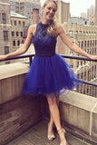 Glamorous Royal Blue A-line Beaded High-neck Homecoming Dresses, SH456