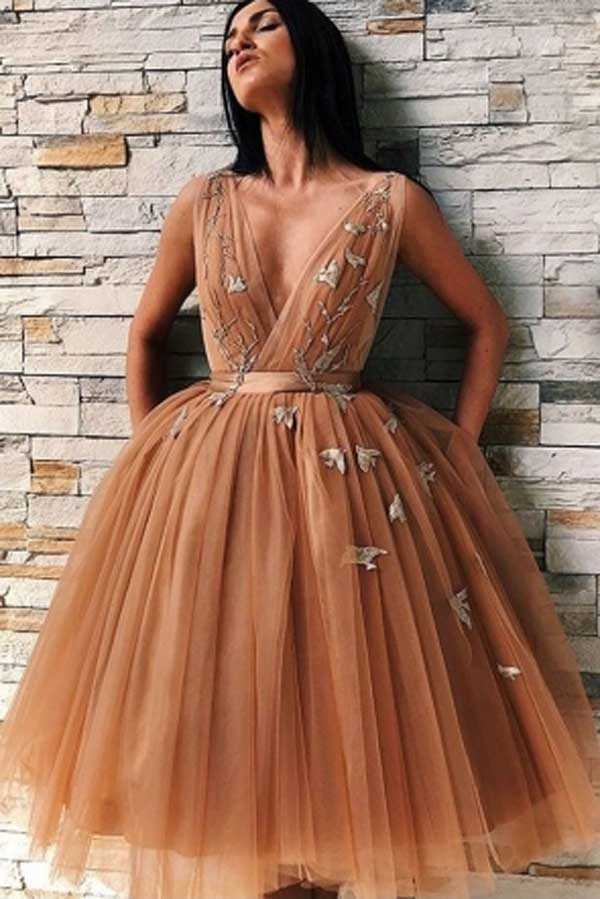 Unique Ball Gown V-neck Tulle Sleeveless Homecoming Dresses | Short Party Dress, SH459