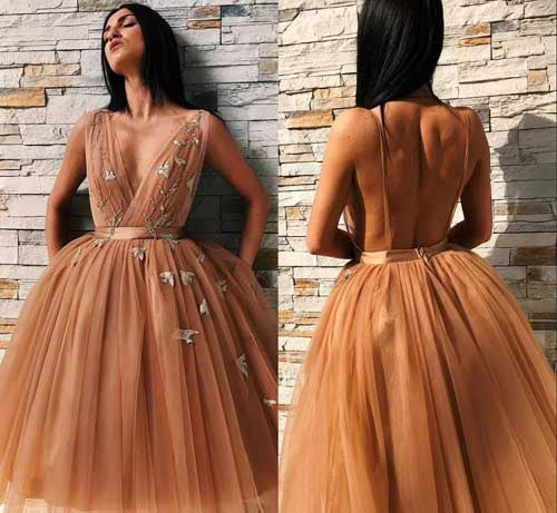 simidress.com | Unique Ball Gown V-neck Tulle Sleeveless Homecoming Dresses | Short Party Dress, SH459