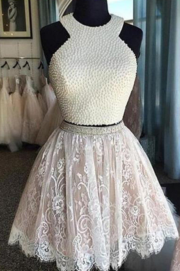 Two Piece Short White Lace Prom Dress with Pearls,Short Homecoming Dresses,SH45