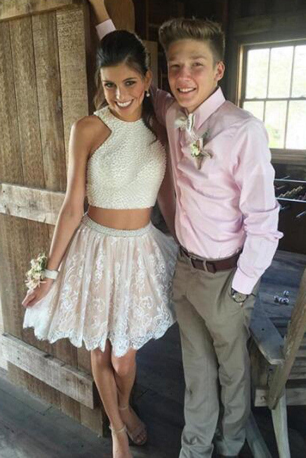 Two Piece Short White Lace Prom Dress with Pearls,Homecoming Dresses Simidress Two Piece Short White Lace Prom Dress with Pearls,Homecoming Dresses Simidress