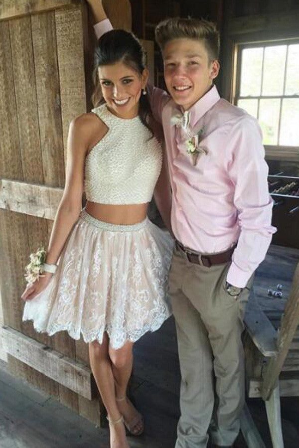 Two Piece Short White Lace Prom Dress with Pearls,Short Homecoming Dresses,SH45