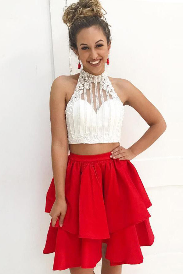 Charming Two Piece A-line High Neck Red Homecoming Dresses