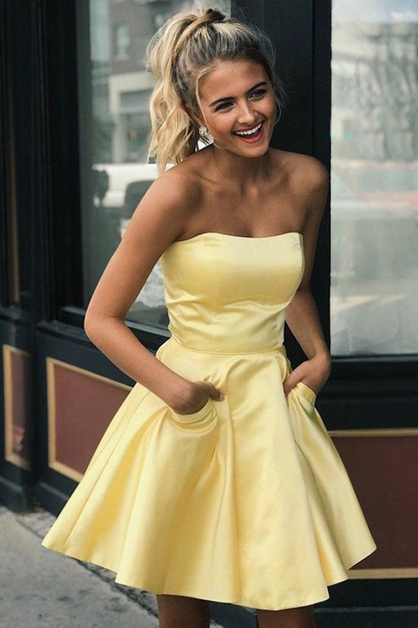 Light Yellow Satin Strapless Homecoming Dresses with Pockets | Graduation Dress, SH463
