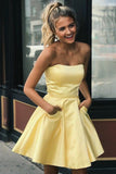 Light Yellow Satin Strapless Homecoming Dresses with Pockets | Graduation Dress, SH463