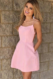 Simple Pink A-Line Spaghetti Straps Homecoming Dresses With Pockets, SH465