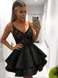 simidress.com | Cute Black A-line V-neck Top Lace Short Homecoming Dresses | Graduation Dress, SH466