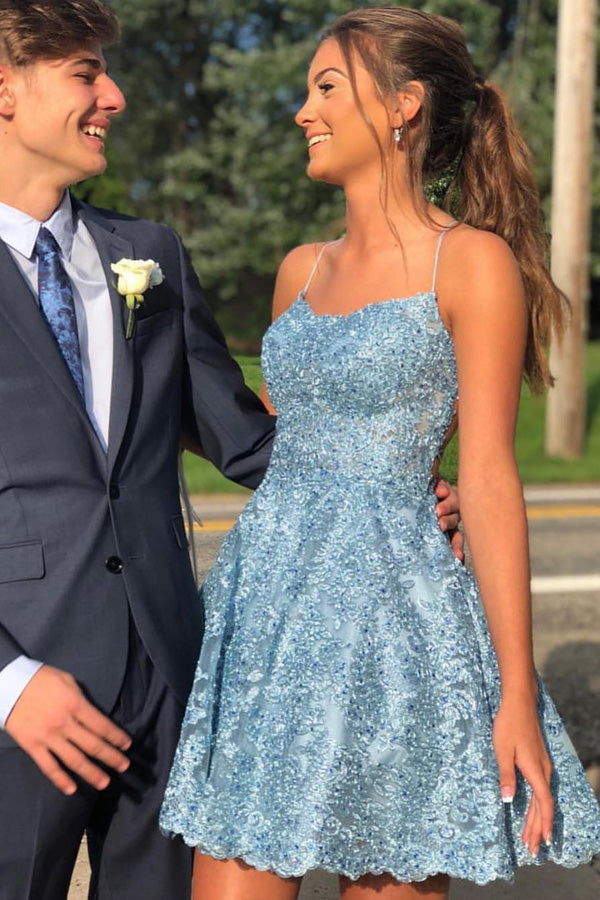 Charming Sky Blue A-line Lace Spaghetti Straps Homecoming Dresses, Sho Simidress Charming Sky Blue A-line Lace Spaghetti Straps Homecoming Dresses, Sho Simidress