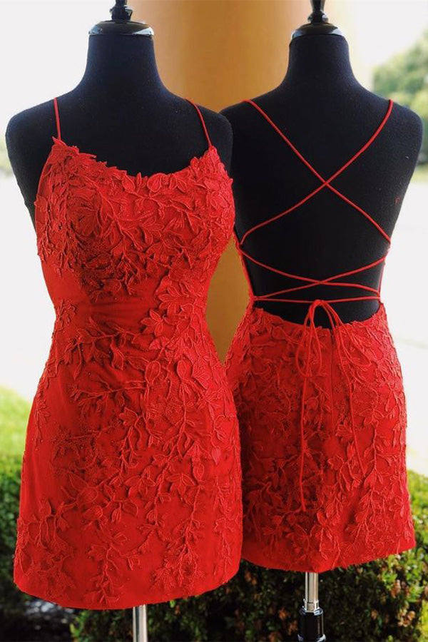 open lace back dress Cute Red Tie Back Sheath Homecoming Dresses