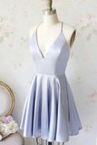 Simple Mini Satin A-line V-neck Homecoming Dresses, Short Prom Dress, SH469