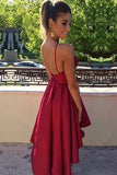 Satin A-line Scoop Neck Burgundy Backless High Low Short Prom Dresses,SH46