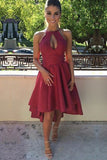 Satin A-line Scoop Neck Burgundy Backless High Low Short Prom Dresses,SH46