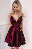 Fabulous Burgundy Satin A-line Spaghetti Straps Homecoming Dresses with Pockets, SH470