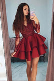 Hot Sale Burgundy Long Sleeves Lace V Neck Homecoming Dresses, Short Prom Dress, SH472