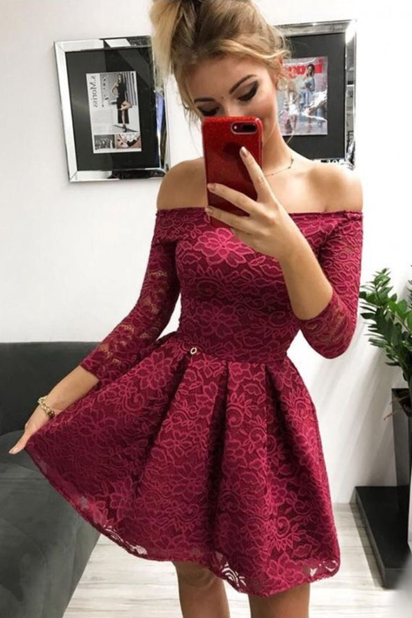 Cute Burgundy Lace Off-the-Shoulder Long Sleeves Homecoming Dresses, SH473 Simidress Cute Burgundy Lace Off-the-Shoulder Long Sleeves Homecoming Dresses, SH473 Simidress