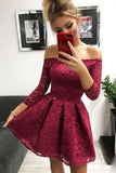 Cute Burgundy Lace Off-the-Shoulder Long Sleeves Homecoming Dresses, SH473