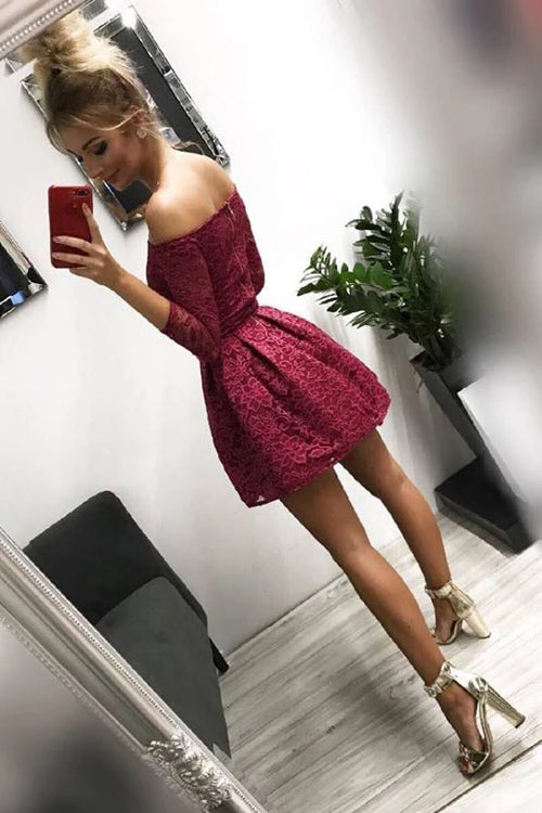 Cute Burgundy Lace Off-the-Shoulder Long Sleeves Homecoming Dresses, SH473 | simidress.com