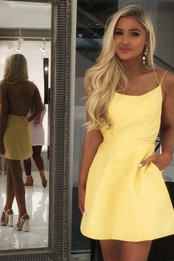 Simple Yellow Satin A-line Spaghetti Straps Homecoming Dresses with Pockets, SH475
