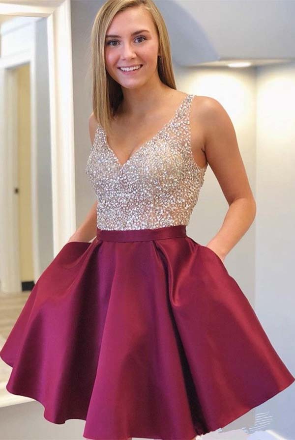 Cocktail V-neck Beaded Homecoming Dresses with Sequins, School Dance Dresses, SH476