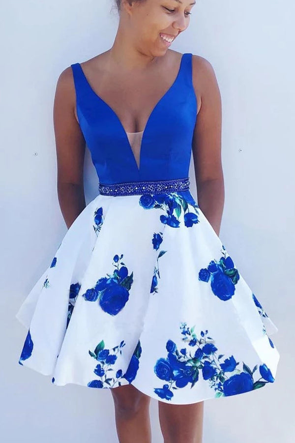 Royal Blue and White Beaded A-line V-neck Short Floral Homecoming Dress, SH477
