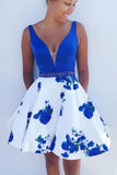 Royal Blue and White Beaded A-line V-neck Short Floral Homecoming Dress, SH477