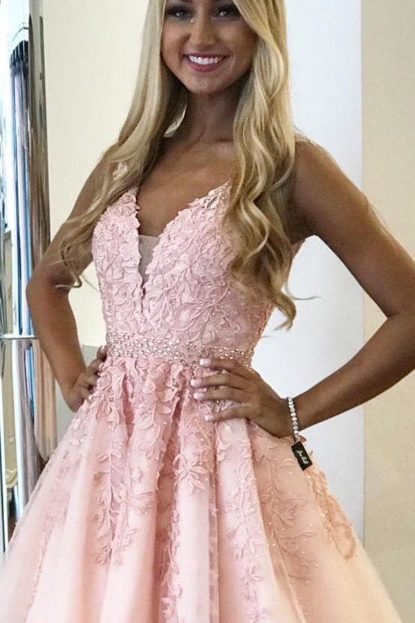 Pink A-line V-neck Above-Knee Length Beaded Homecoming Dress with Appliques, SH478 Simidress Pink A-line V-neck Above-Knee Length Beaded Homecoming Dress with Appliques, SH478 Simidress