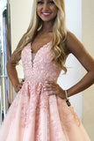 Pink A-line V-neck Above-Knee Length Beaded Homecoming Dress with Appliques, SH478