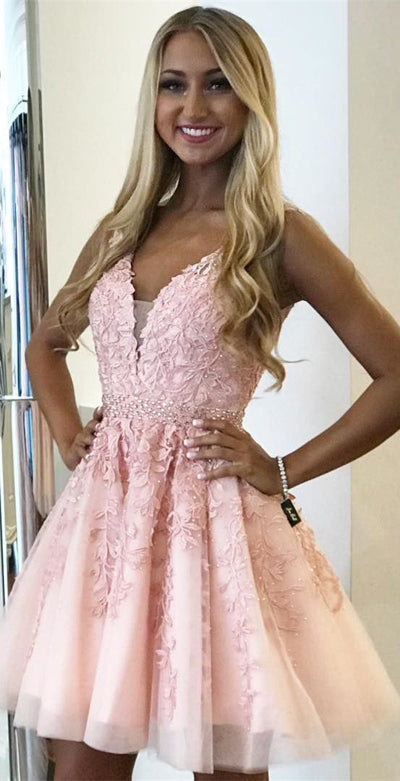 Pink A-line V-neck Above-Knee Length Beaded Homecoming Dress with Appliques, SH478 Simidress Pink A-line V-neck Above-Knee Length Beaded Homecoming Dress with Appliques, SH478 Simidress