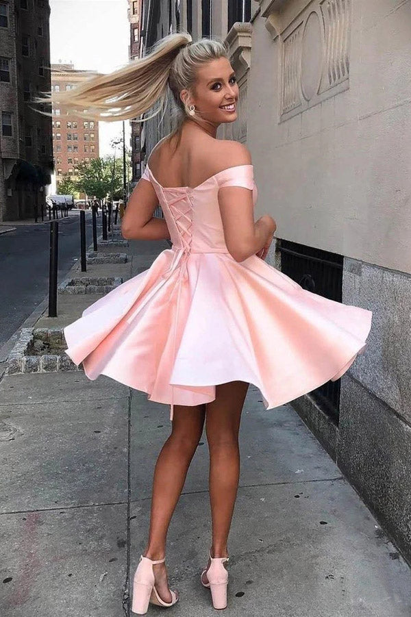 Simple Pink Lace up Off-the-shoulder Homecoming Dresses Graduation Dress, SH483