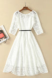 Beautiful White Lace Round Neck Half Sleeve Belt Ankle Knee Homecoming Dresses, SH484 | www.simidress.com