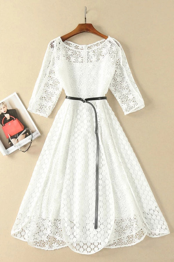 Beautiful White Lace Round Neck Half Sleeve Belt Ankle Knee Homecoming Dresses, SH484