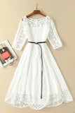 Beautiful White Lace Round Neck Half Sleeve Belt Ankle Knee Homecoming Dresses, SH484