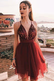 Burgundy Tulle Spaghetti Straps V-neck Homecoming Dresses with Sequins, SH485