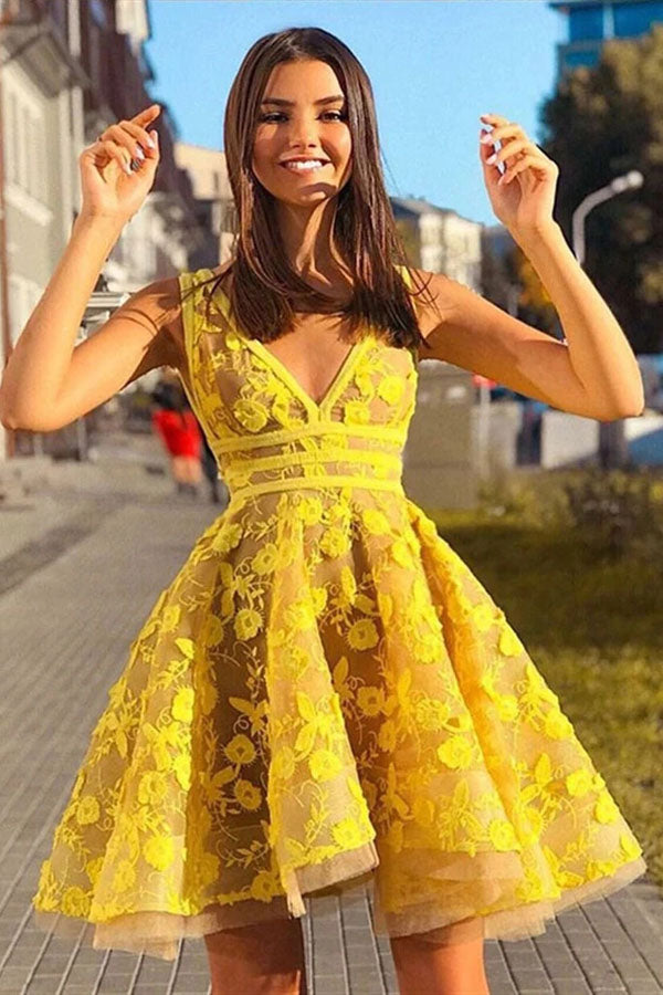 Yellow Lace A-line V-neck Short Party Dress Homecoming Dress with Appliques, SH486