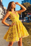 simidress.com | Yellow Lace A-line V-neck Short Party Dress Homecoming Dress with Appliques, SH486