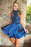 Chic Navy Blue High Neck A-line Rhinestone Homecoming Dresses Party Dress, SH488