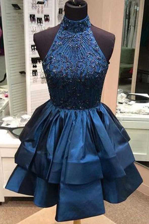 simidress.com | Chic Navy Blue High Neck A-line Rhinestone Homecoming Dresses Party Dress, SH488
