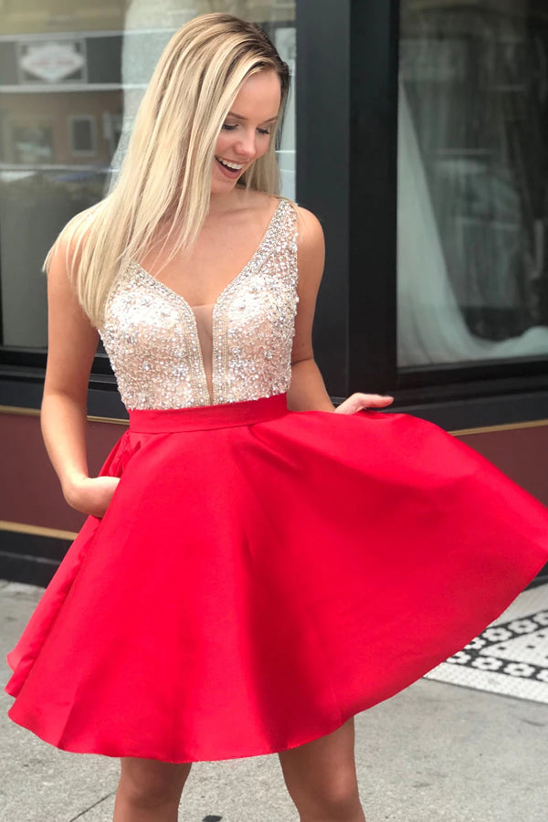 Red A-Line Beaded Bodice Short Homecoming Dress With Pockets Prom Dresses, SH489