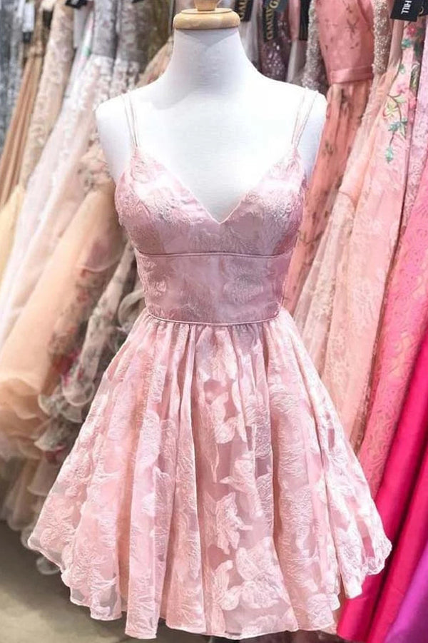 New Arrival Pink Spaghetti Straps A-line V-neck Lace Homecoming Dresses, SH490