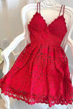 Red Lace Spaghetti Straps A-line V-neck Mini Homecoming Dresses, SH491
