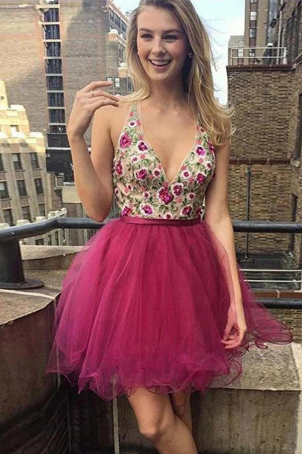 Unique A-line V-neck Tulle Backless Homecoming Dresses with Appliques, SH492