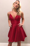Red A-line V-neck Satin Spaghetti Straps Homecoming Dresses Party Dress, SH494