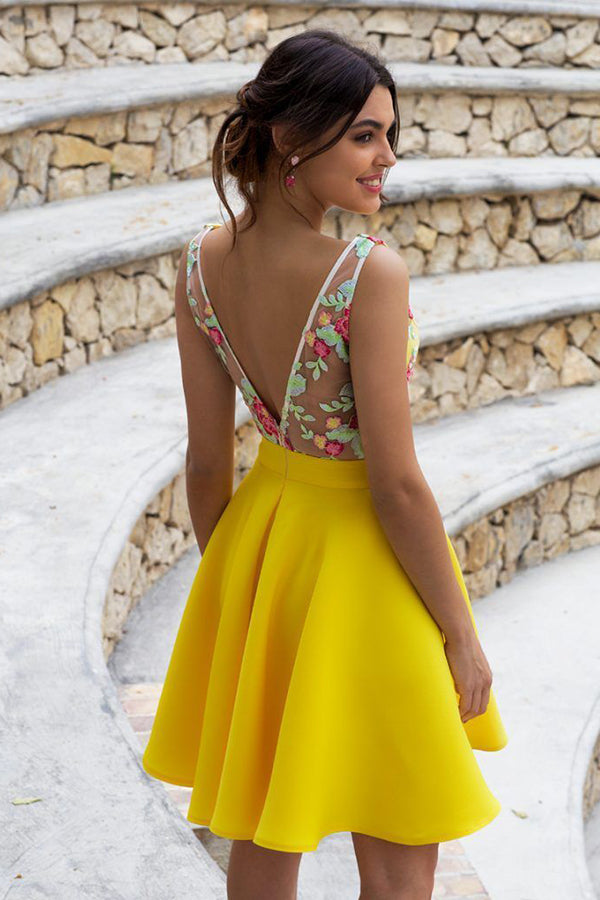 Cute Yellow Floral Satin A-line V-neck Homecoming Dresses Short Prom D Simidress Cute Yellow Floral Satin A-line V-neck Homecoming Dresses Short Prom D Simidress
