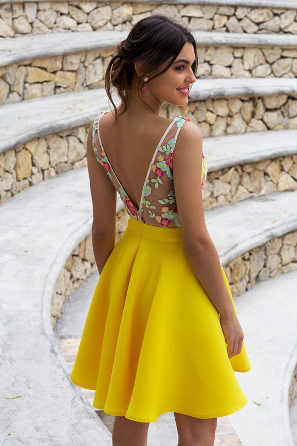 Cute Yellow Floral Satin A-line V-neck Homecoming Dresses Short