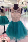 Beaded Jewel Neck Tulle Crystal Illusion Mini Graduation Dress, Homecoming Dress, SH496